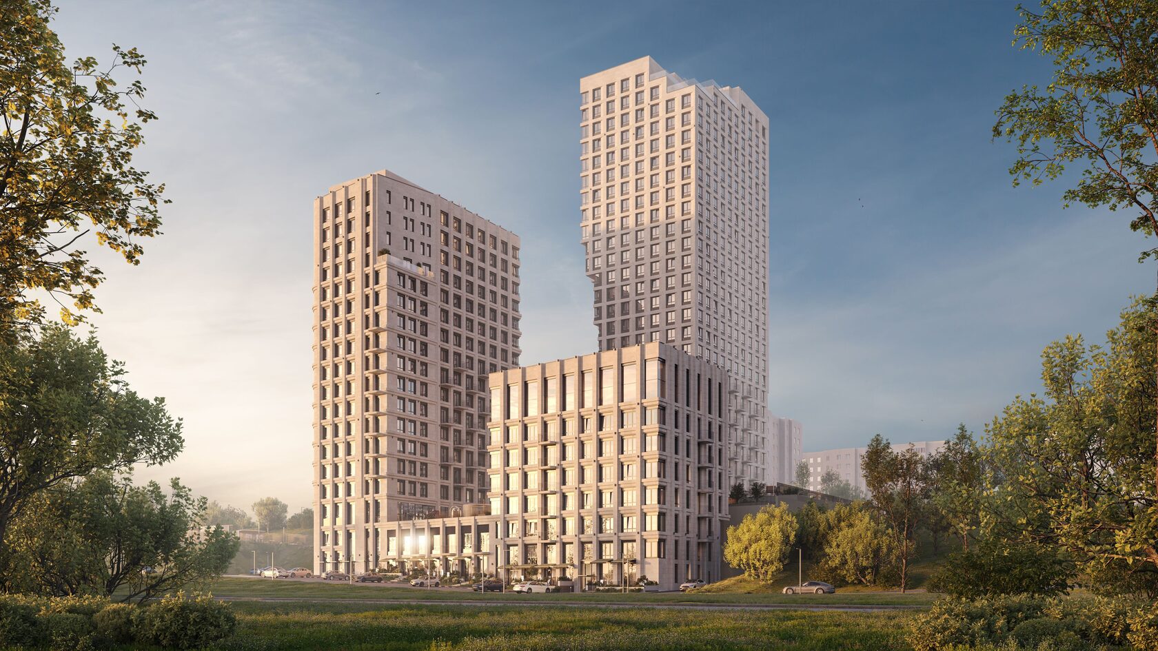 Архитектурная 3D-визуализация башен жилого комплекса в золотом часе